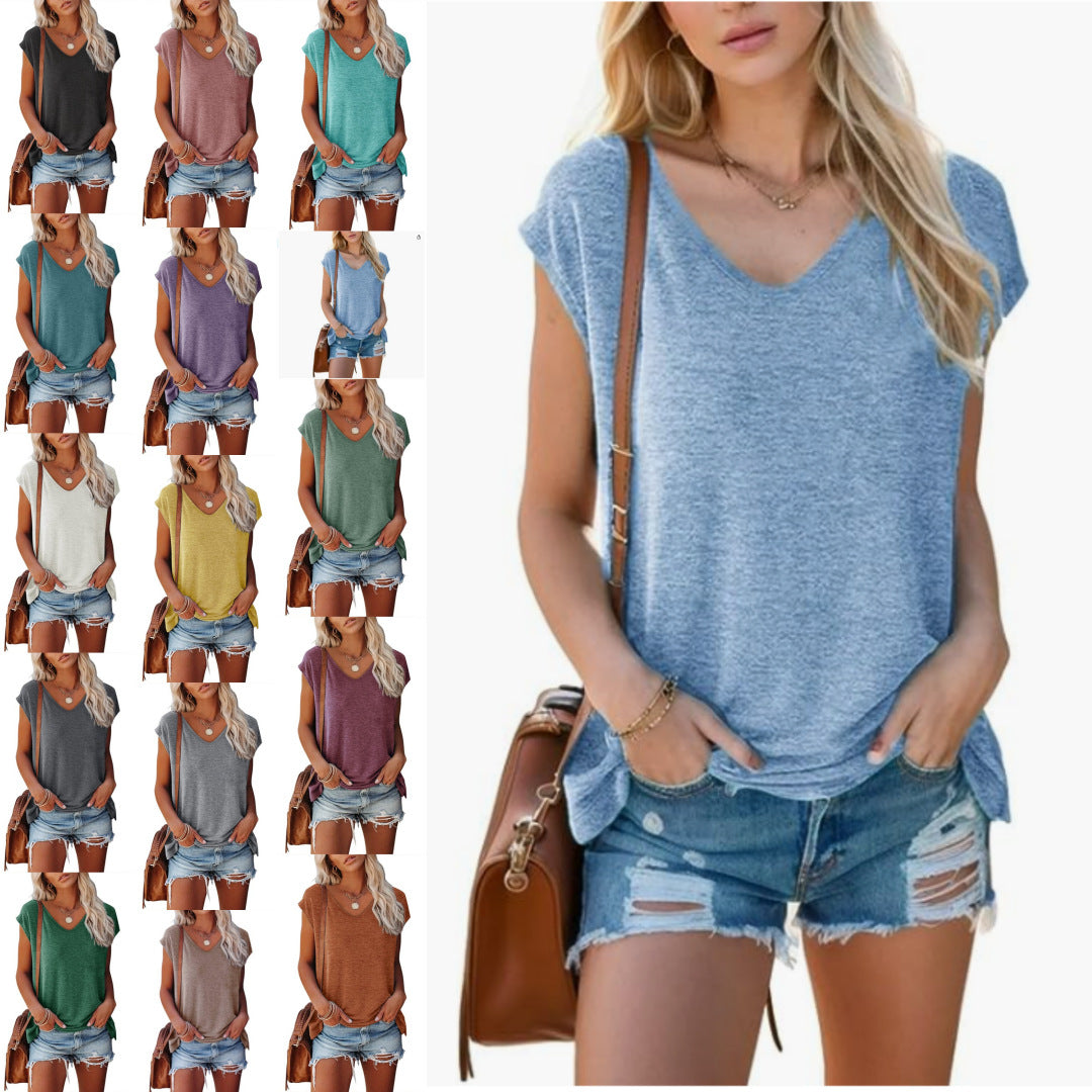 Women's Summer V-Neck Solid Color Casual Loose Short-Sleeve - Shop NCLC