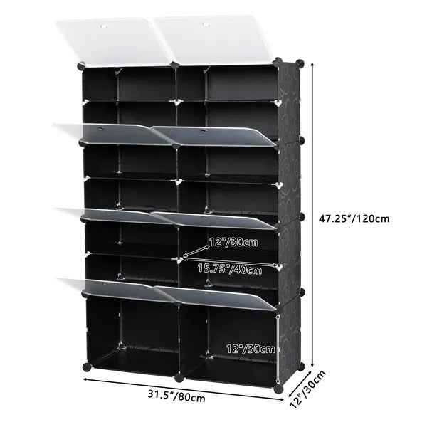 7-Tier Portable 28 Pair Shoe Rack Organizer 14 Grids Tower Shelf Storage Cabinet Stand Expandable For Heels, Boots, Slippers, Black RT