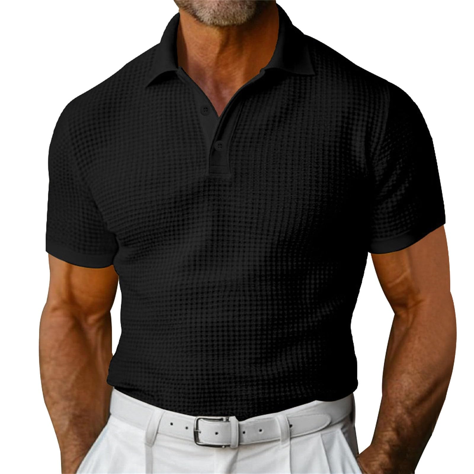 Waffle Short Sleeve Polo Shirt Men's Fashion Summer Lapel Tops - Shop NCLC