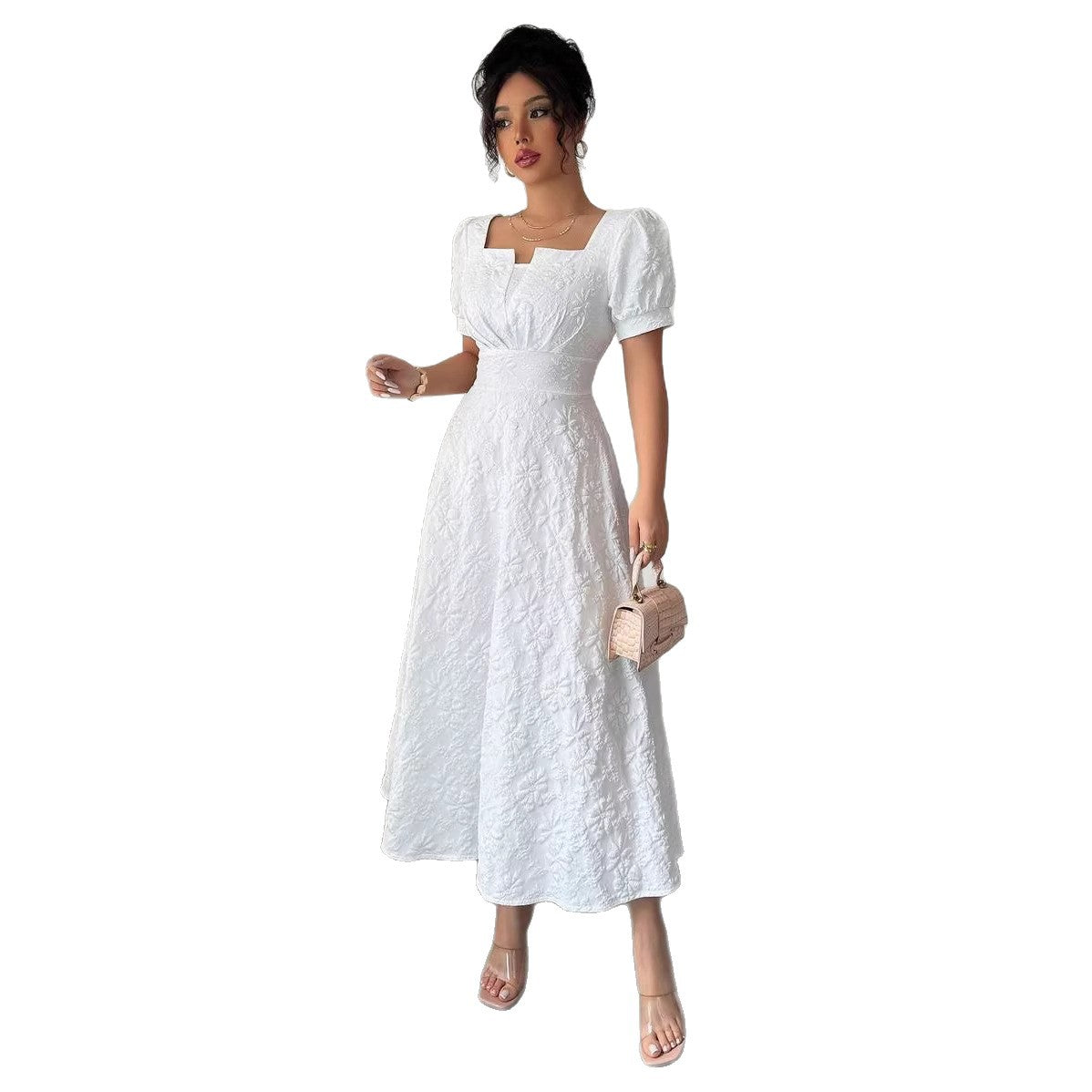 Elegant Jacquard Solid Color Puff Sleeve Square Neck Dress For Women - Shop NCLC