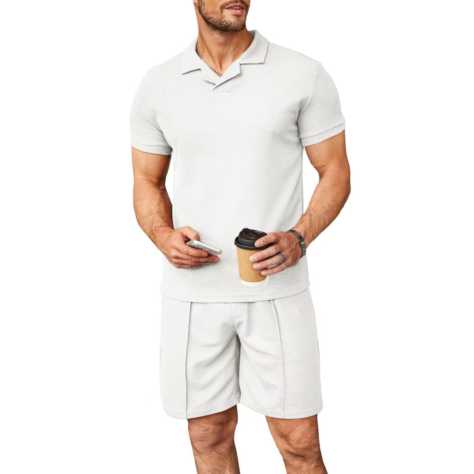 2pcs Set Men V Neck Polo Shirt Lapel Short Sleeve Men's Suit Waffle Style Casual Fashion T-Shirt Summer - Shop NCLC