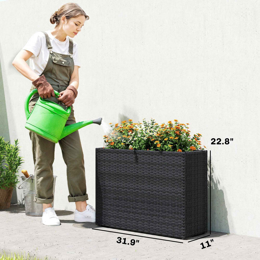 Tall Rectangular Planter with Removable Liner, Holes, PE Wicker Large Planter Box for Indoor Outdoor Plants, Black
