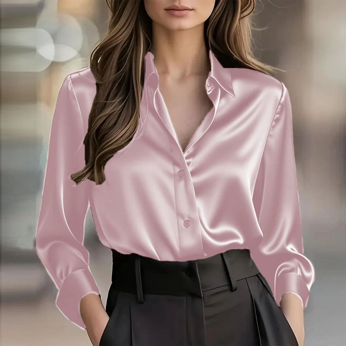 Elegant Satin Long Sleeve Blouse For Women Button-Up Collar Shirt Perfect For Casual Professional Business Work Wear Women's Clothing - Shop NCLC
