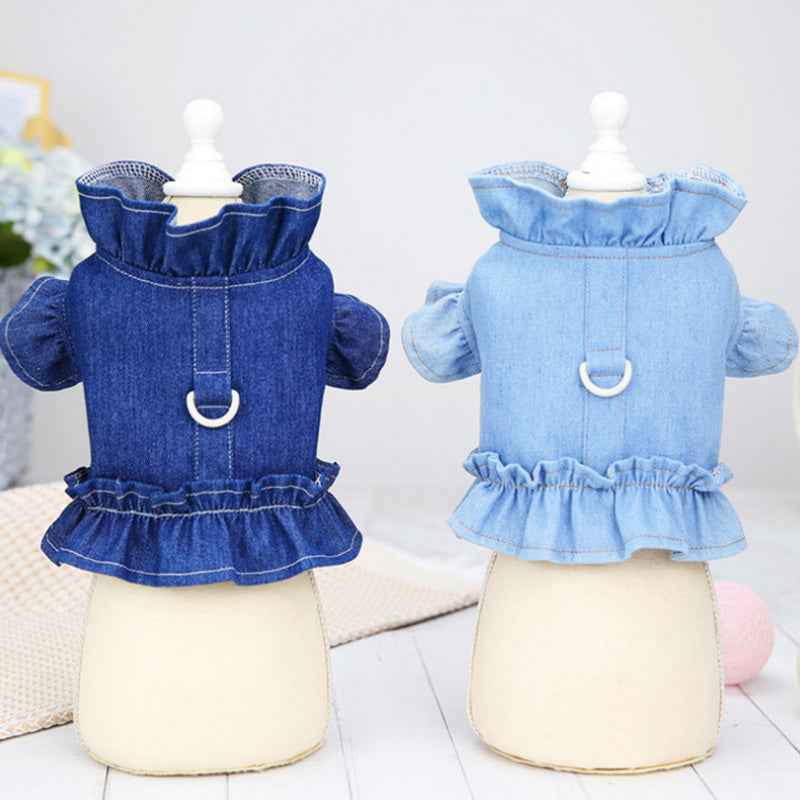 Pets Denim Dress for Dogs and Cats - Stylish Ruffled Vest Harness with Leash Hook in Blue Jeans