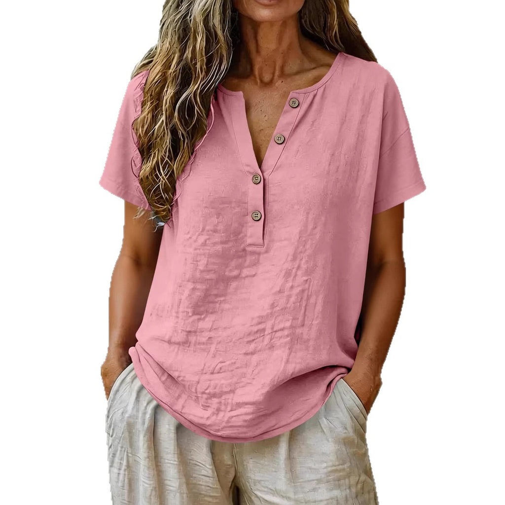 Women's Casual Solid Color Cotton-Linen Short-Sleeve - Shop NCLC