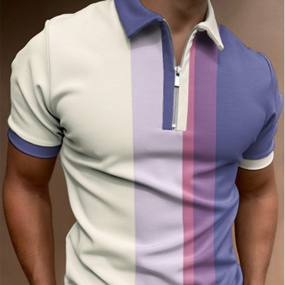 3D Printed Lapel Short Sleeve Pullover Casual