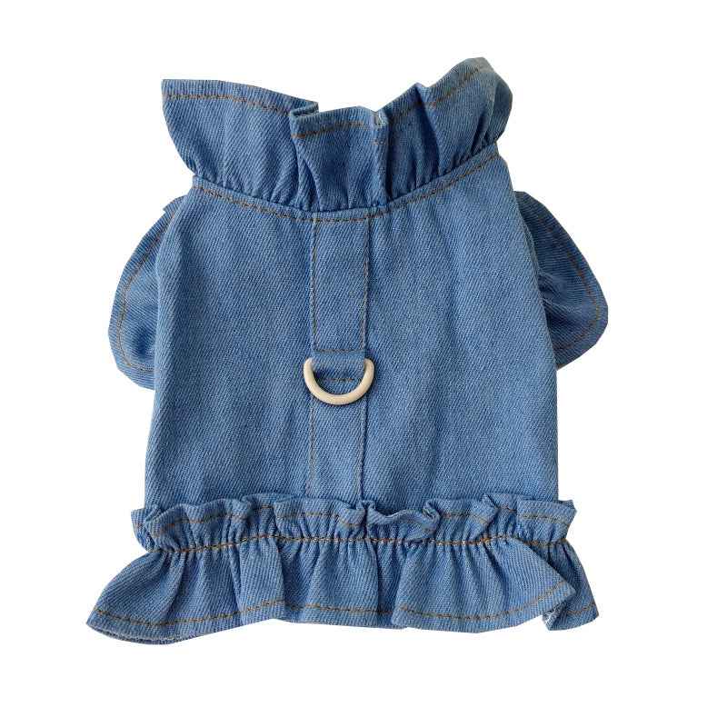 Pets Denim Dress for Dogs and Cats - Stylish Ruffled Vest Harness with Leash Hook in Blue Jeans