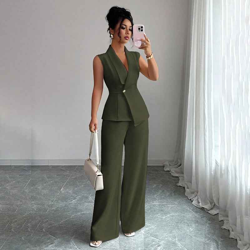 Sleeveless Blazer And Straight-leg Pants Women's Two-piece Set
