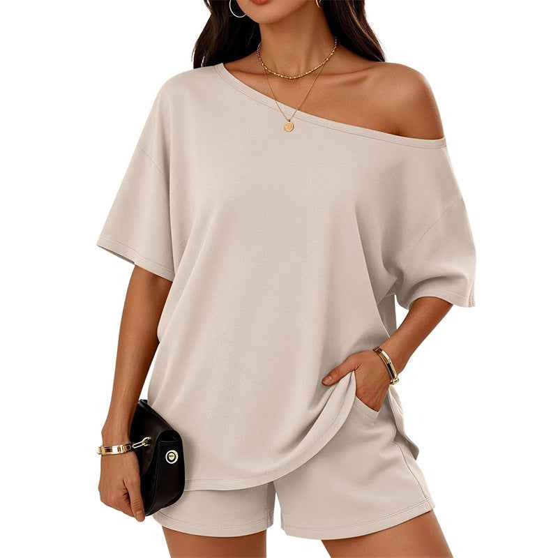 Womens 2-piece Fashionable Casual Set Off The Shoulder Top And Shorts  For Loungewear Daily Wear Work Gym Outfit