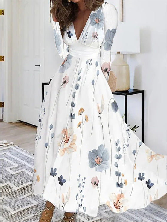 Fall V-neck Long Sleeve Printed Women Dress Women - Shop NCLC
