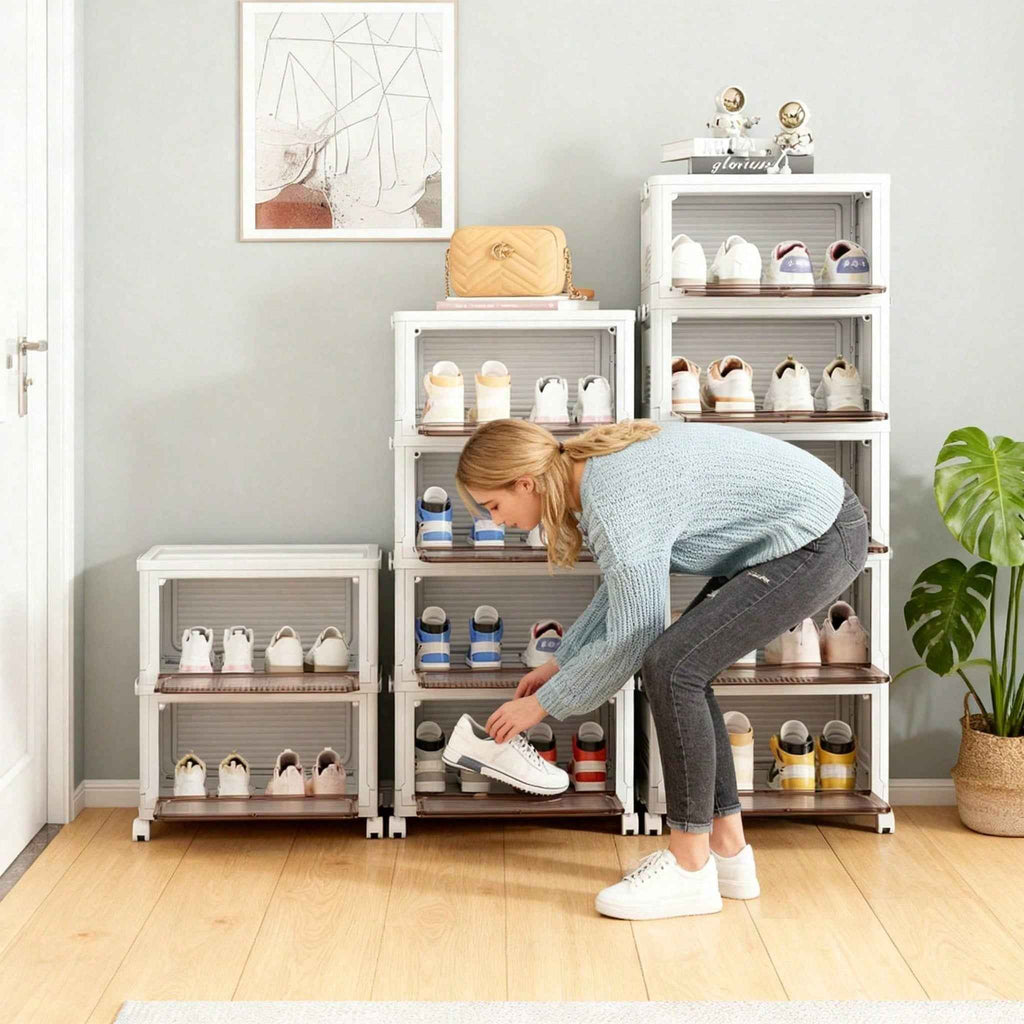 Stackable Shoe Storage Rack, Plastic Cabinet With Clear Doors For Home Use