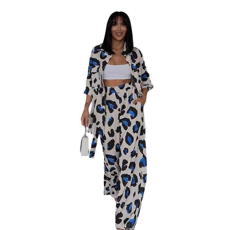Printed Design Long-sleeved Shirt Wide-leg Pants Women's Two-piece Set