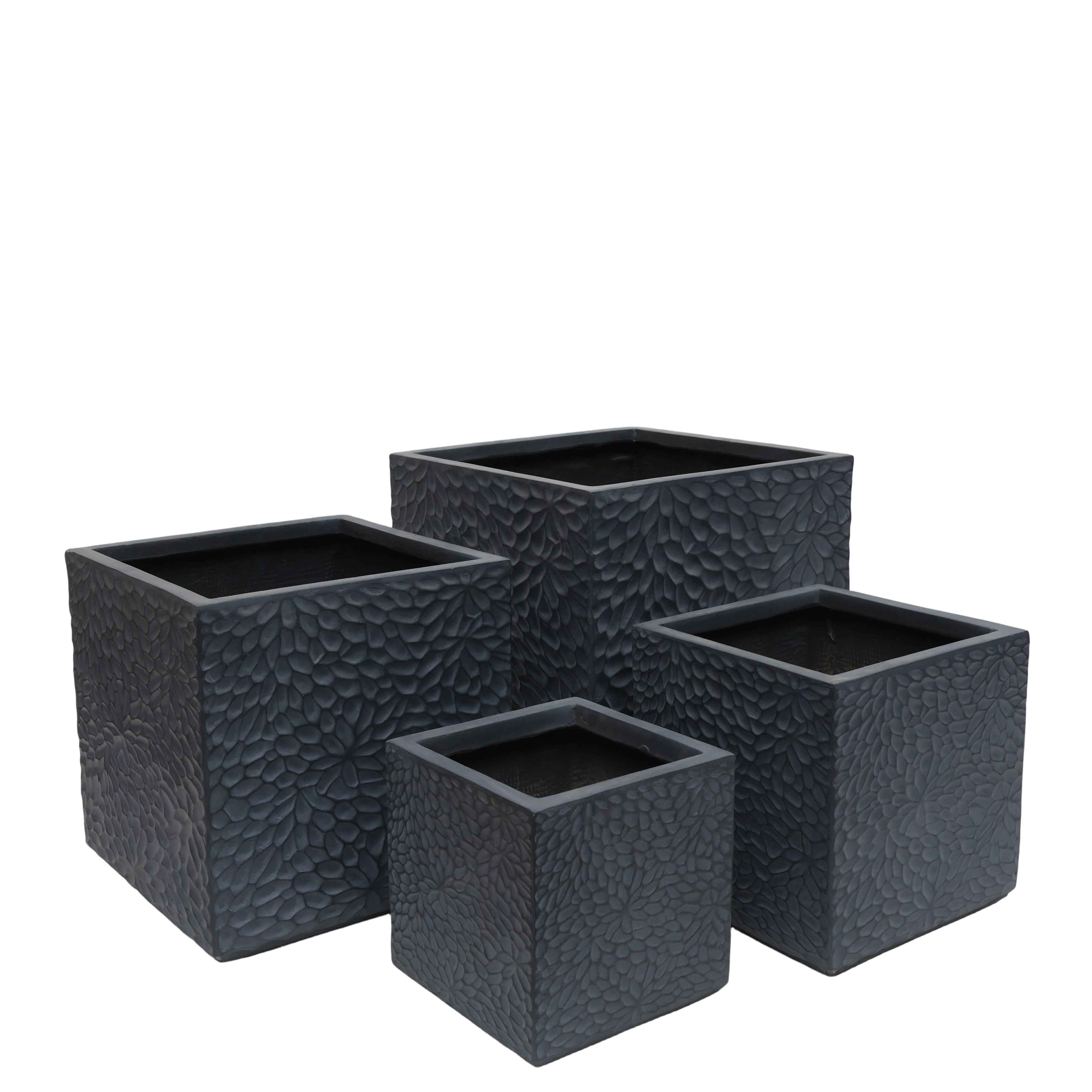 Large Outdoor Indoor Planter, 16.9-14.37-11.6 -9.25  Dia Square Magnesium Oxide Planter Set Of 4, Flower Pots With Drainage Holes,  Modern Design, Grey Color Planter For Home Garden Patio