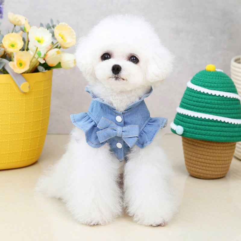 Pets Denim Dress for Dogs and Cats - Stylish Ruffled Vest Harness with Leash Hook in Blue Jeans