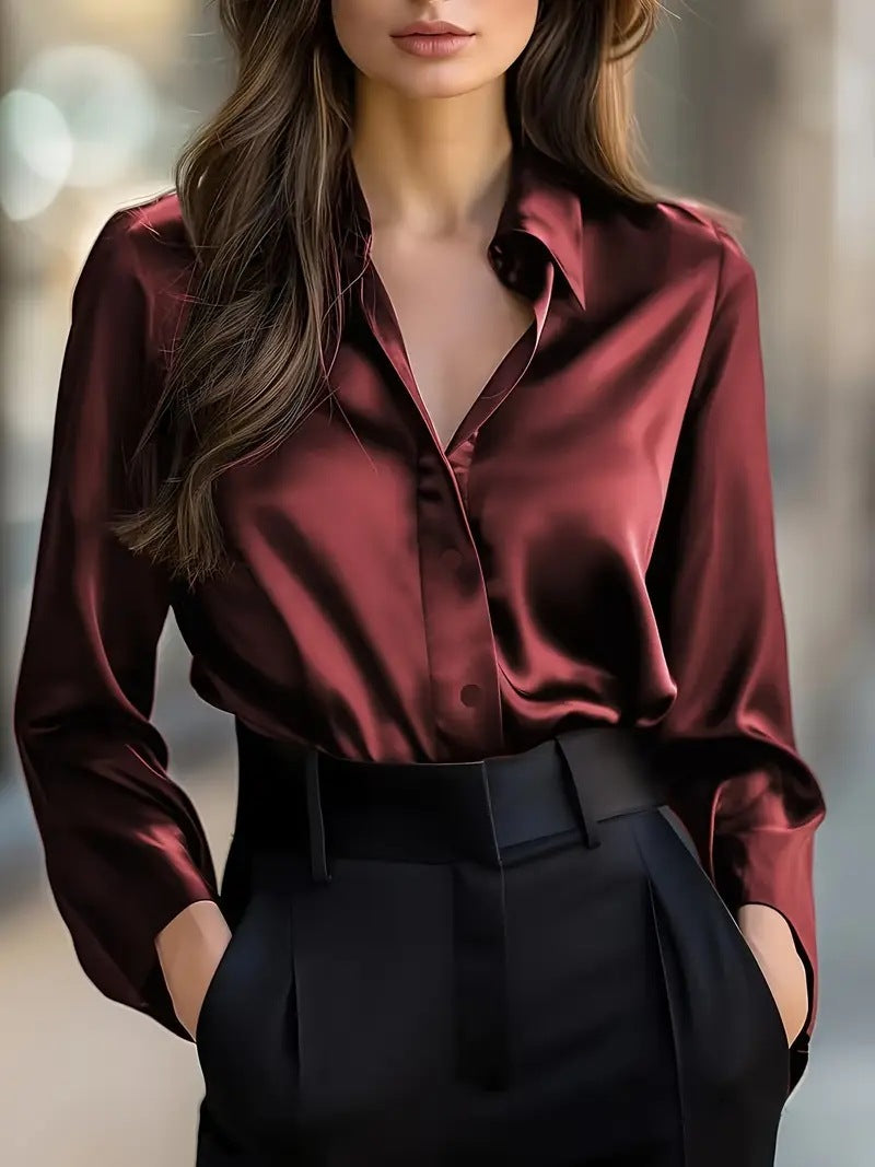 Elegant Satin Long Sleeve Blouse For Women Button-Up Collar Shirt Perfect For Casual Professional Business Work Wear Women's Clothing - Shop NCLC