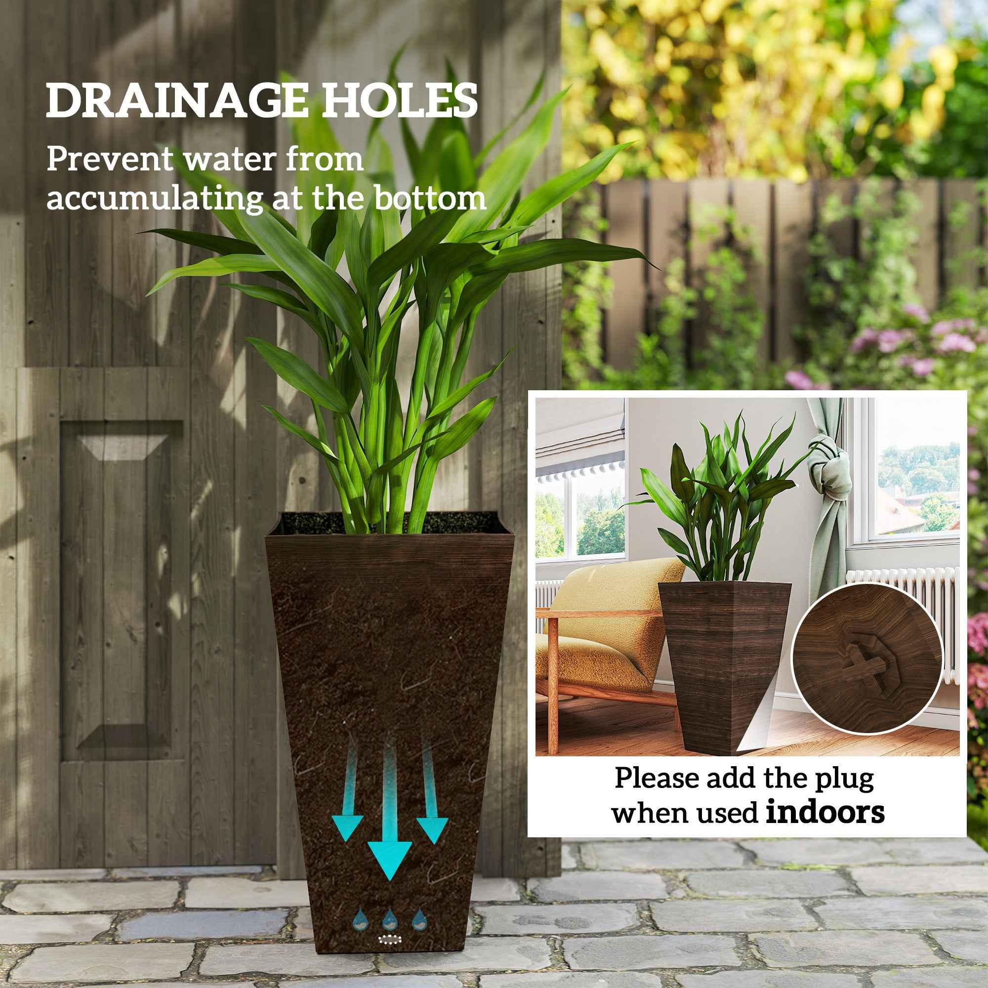 Set Of 3 Tall Planters, 28" Outdoor Planter W/ Drainage Holes, Faux Wood Plastic Flower Pots, Brown