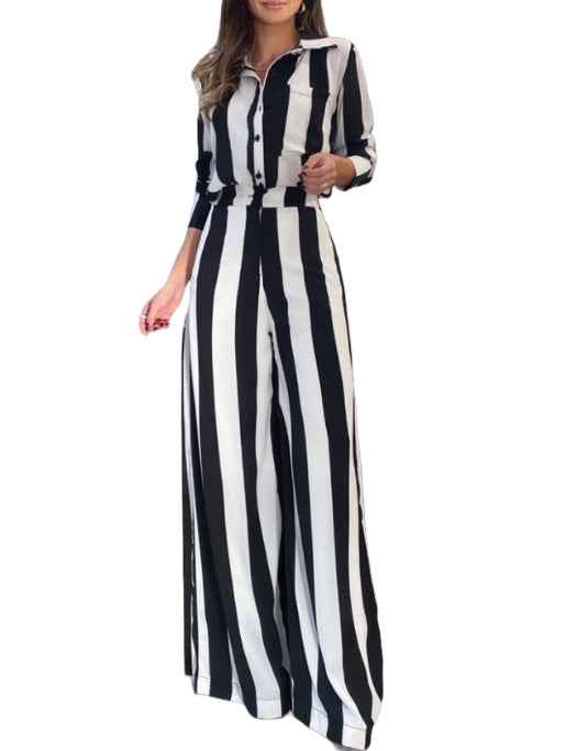 Women's Fashion Striped Pocket Design Shirt Wide Leg Pants Suit