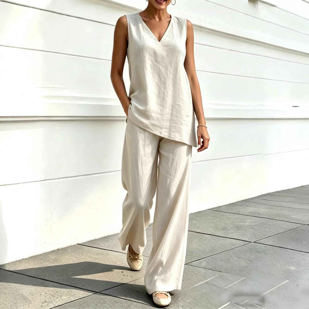 Womens V-neck Sleeveless Cotton-Linen Top And Wide-Leg Pants Set