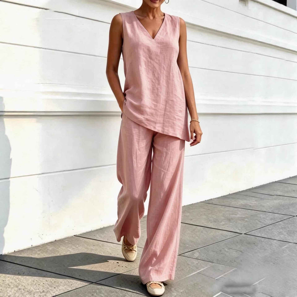 Womens V-neck Sleeveless Cotton-Linen Top And Wide-Leg Pants Set