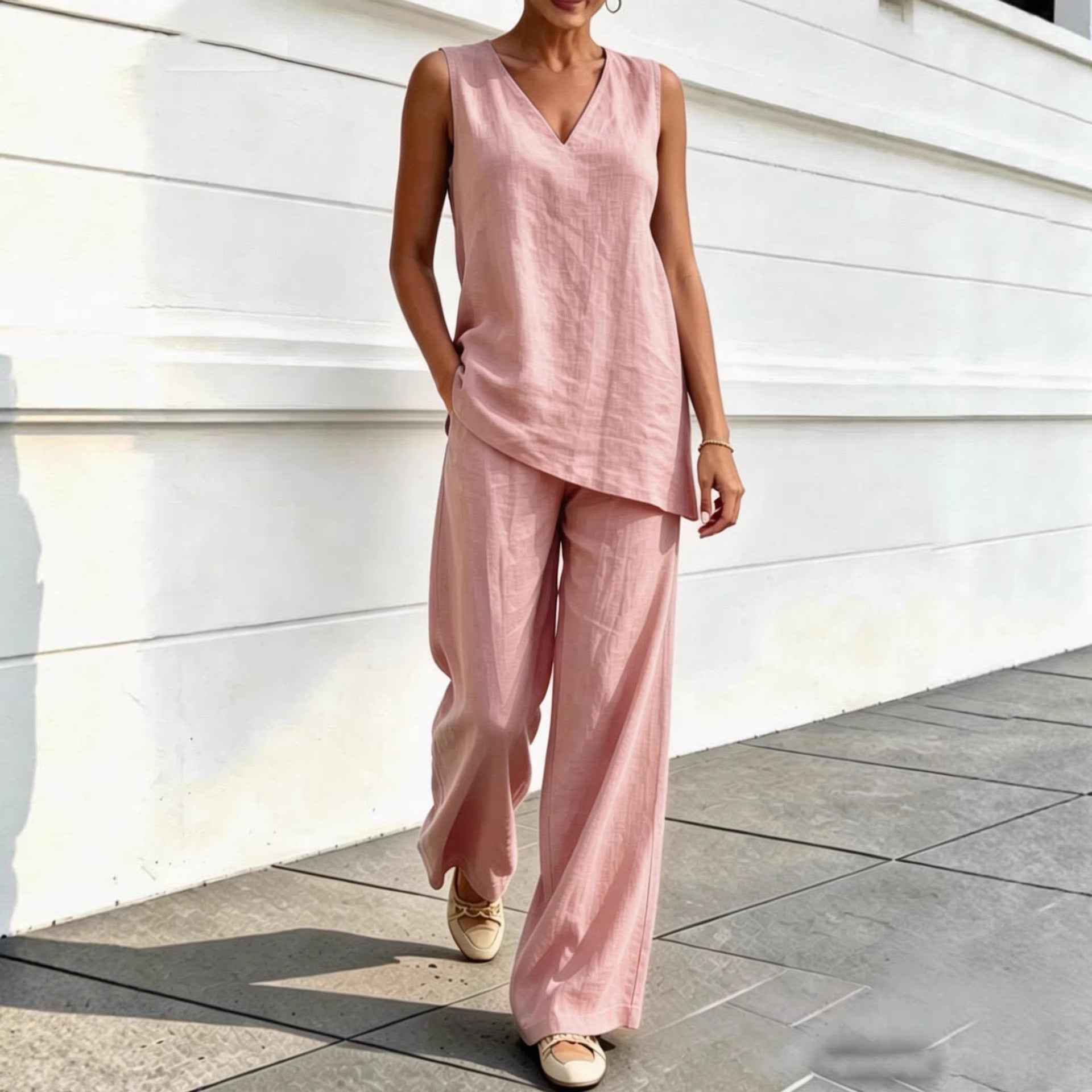 Womens V-neck Sleeveless Cotton-Linen Top And Wide-Leg Pants Set