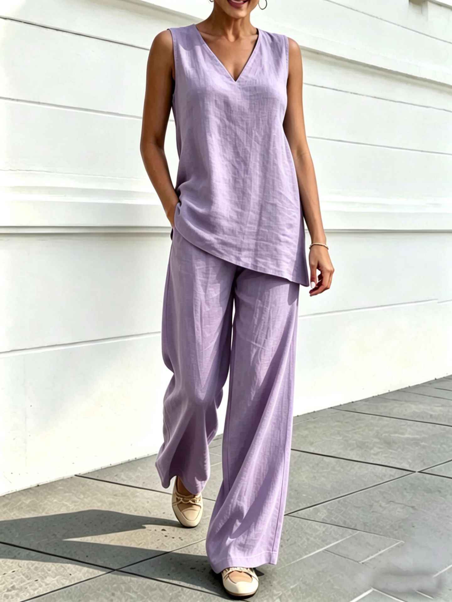 Womens V-neck Sleeveless Cotton-Linen Top And Wide-Leg Pants Set