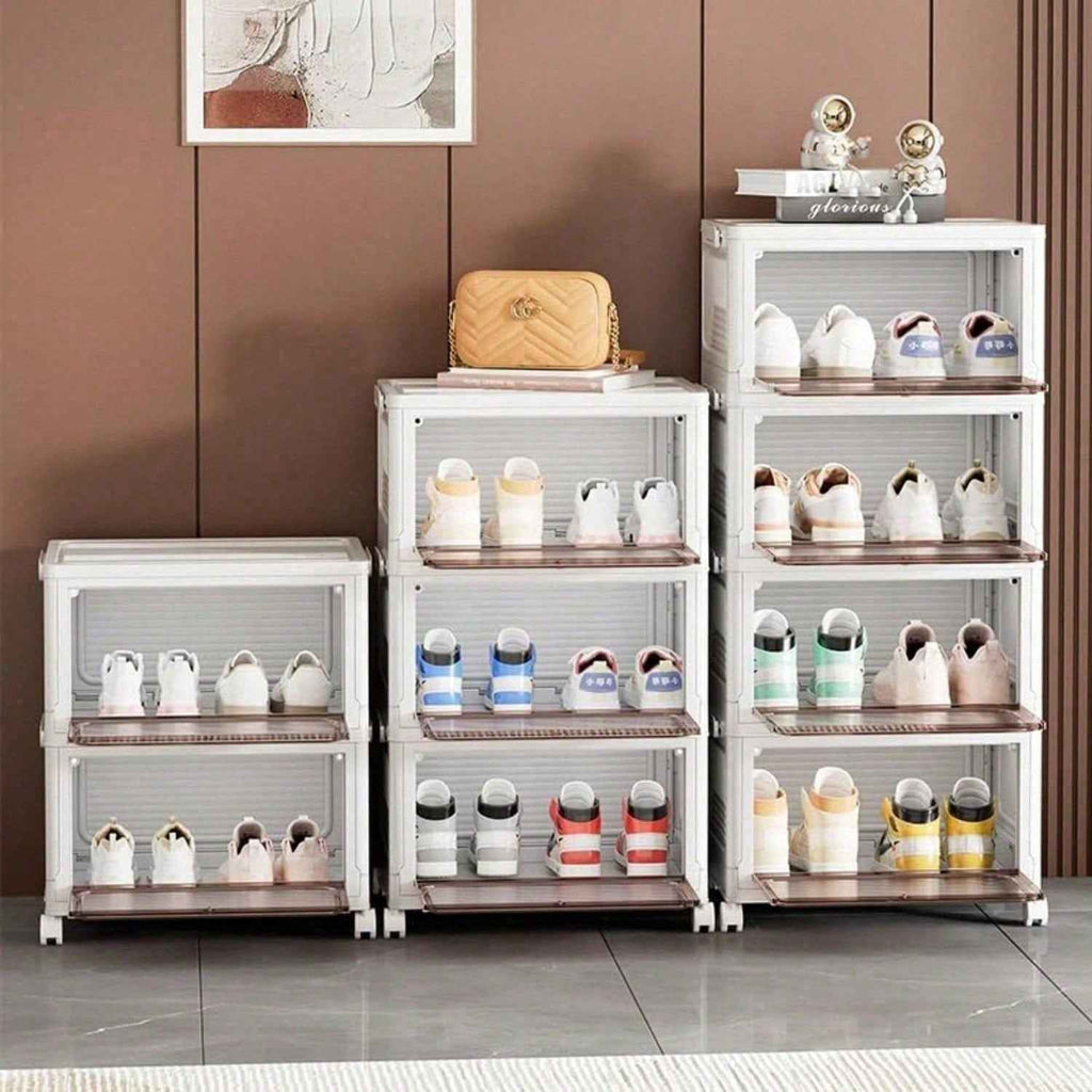 Stackable Shoe Storage Rack, Plastic Cabinet With Clear Doors For Home Use
