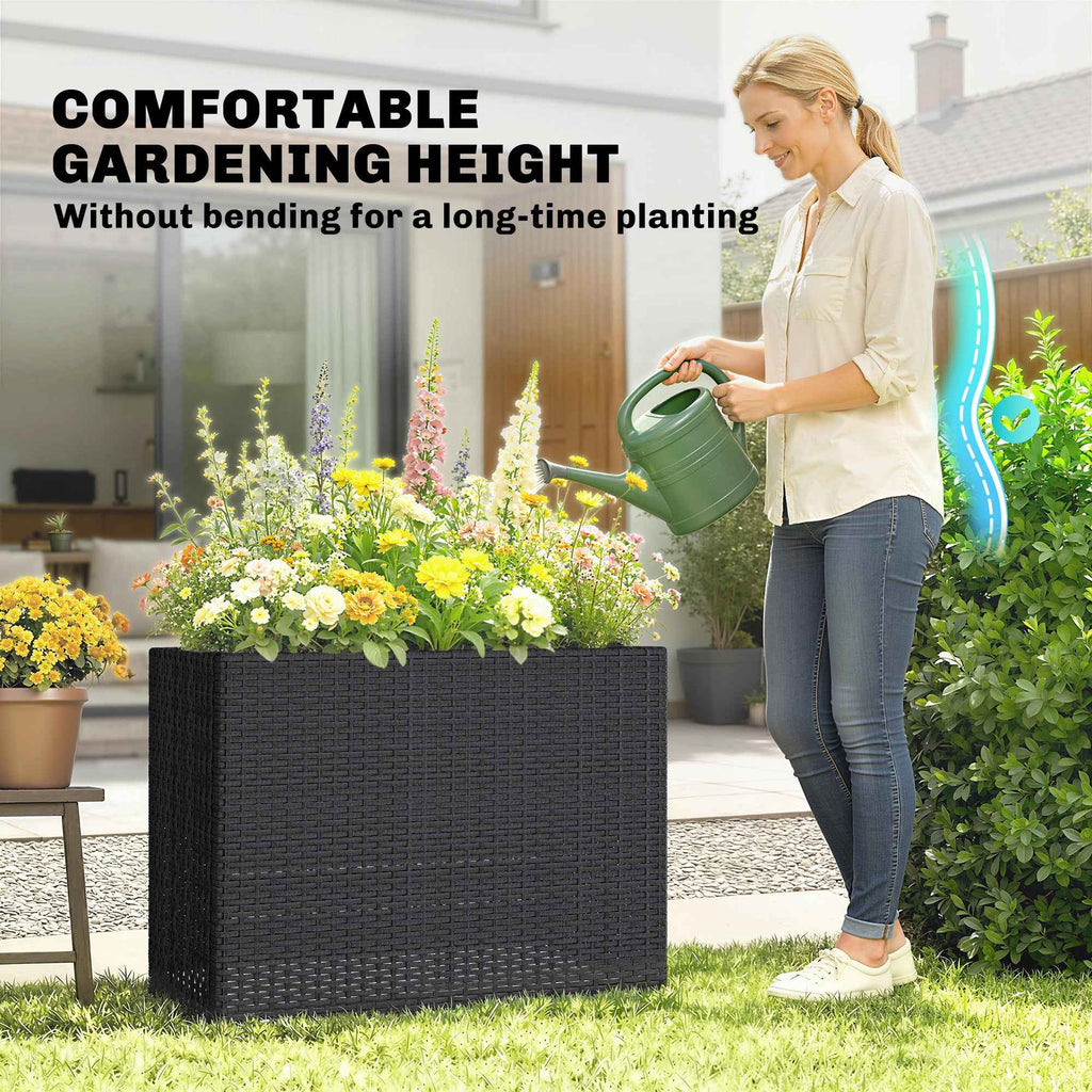 Tall Rectangular Planter with Removable Liner, Holes, PE Wicker Large Planter Box for Indoor Outdoor Plants, Black