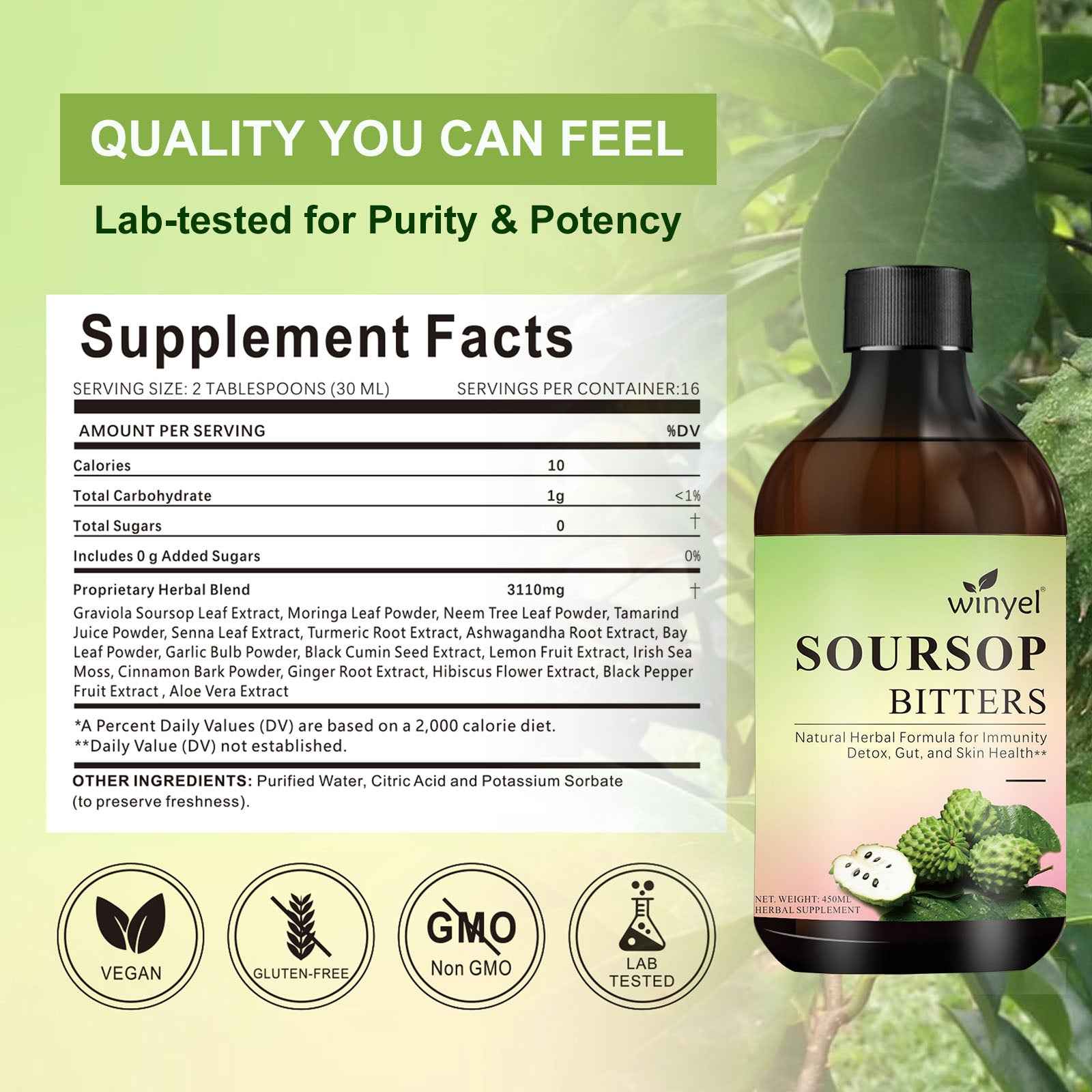 Soursop Liquid Contains Black Seeds, Moringa, And Turmeric, And Is Beneficial For Digestion And Gut Health, As Well As Providing Antioxidants, Skin Health, And Immune Support. It's A Pure 16-herb Form (450ml-15oz)