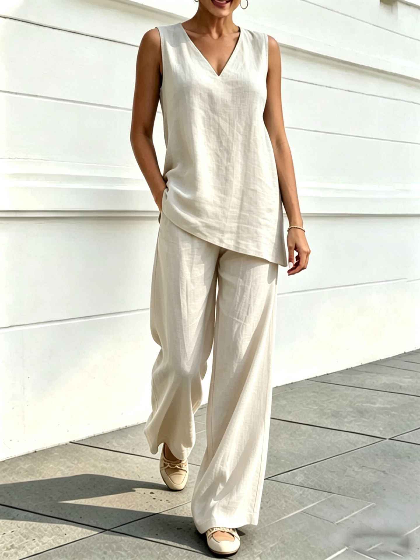 Womens V-neck Sleeveless Cotton-Linen Top And Wide-Leg Pants Set